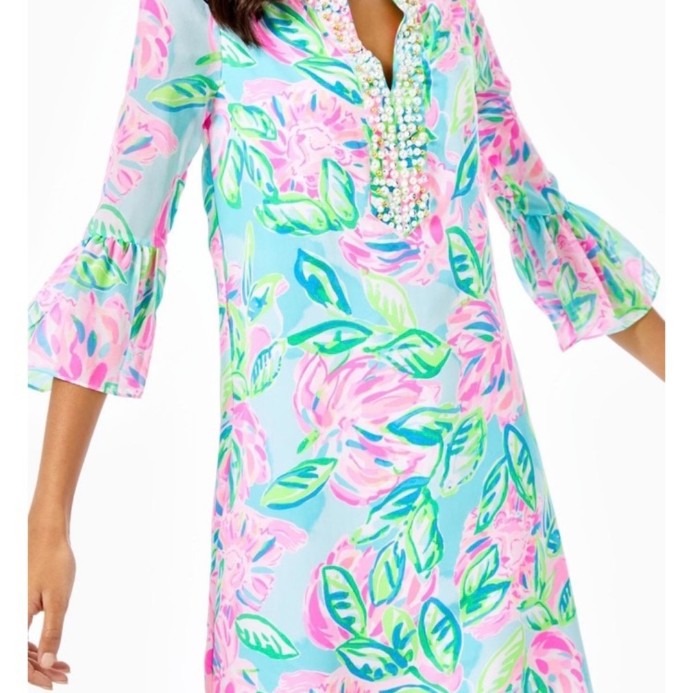 Lilly Pulitzer Elenora silk shift dress. Embellished neckline. Ruffle3/4 sleeve